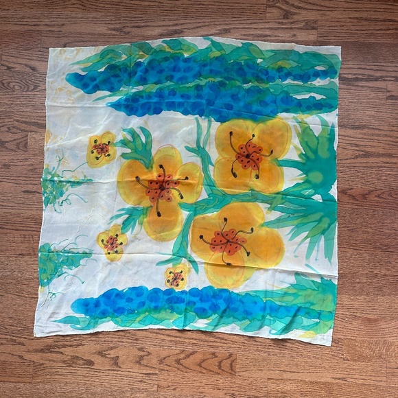Handpainted Silk Scarf Floral Watercolor Square Classic - Picture 1 of 5